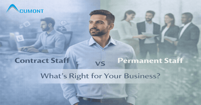 Visual comparison of contract staffing and permanent staffing models showing hiring differences, costs, and workforce benefits.