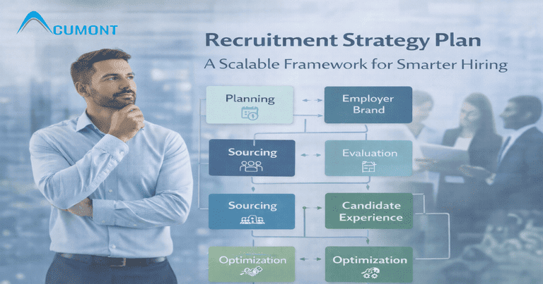 Recruitment strategy planning framework showing sourcing, employer branding, evaluation, and candidate experience stages.