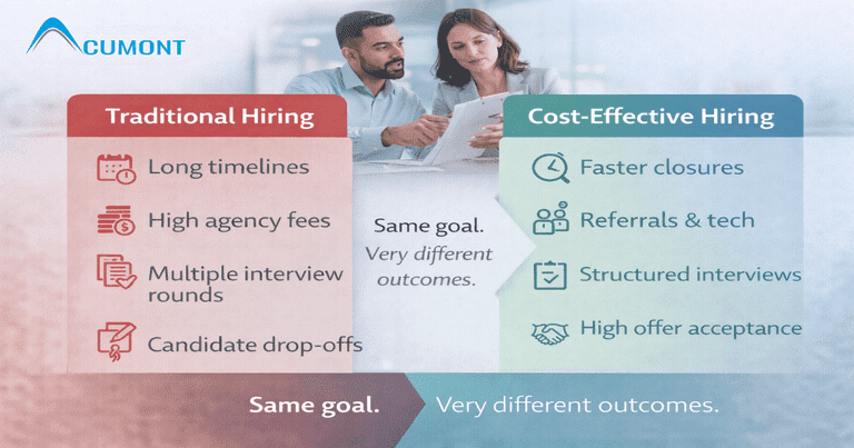 Comparison of traditional hiring versus cost-effective hiring strategies showing faster recruitment, lower costs, and higher offer acceptance.