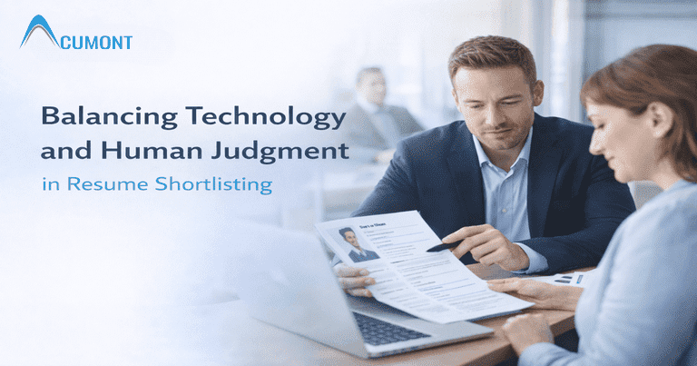 Recruiters reviewing resumes and shortlisting candidates using technology and human judgment.