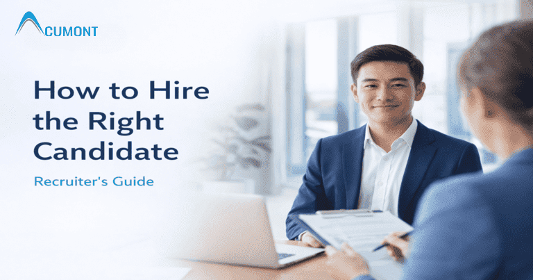 Recruiter interviewing a candidate in an office - how to hire the right candidate guide.