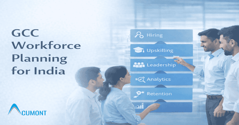 GCC workforce planning framework for India showing hiring, upskilling, leadership, analytics, and retention strategy.