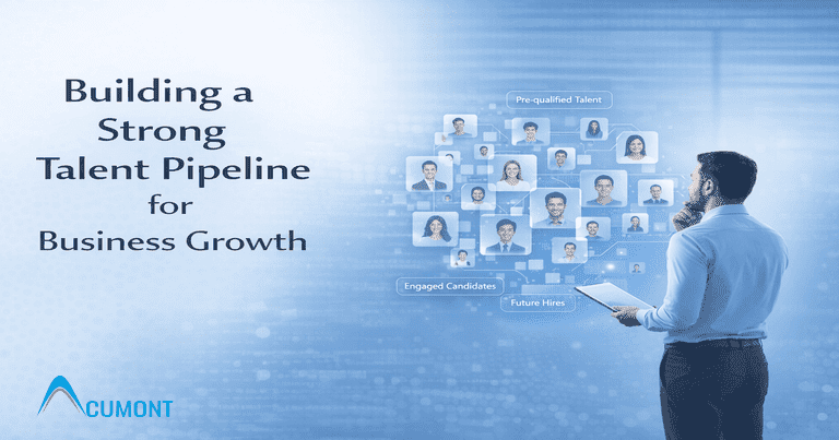 Illustration showing how to build a talent pipeline with pre-qualified candidates, engaged talent, and future hires supporting business growth.